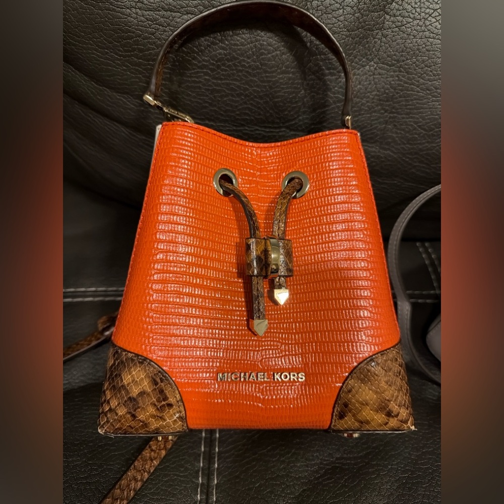 Michael Kors Mini Drawstring Bucket Bag Snake Embossed Leather